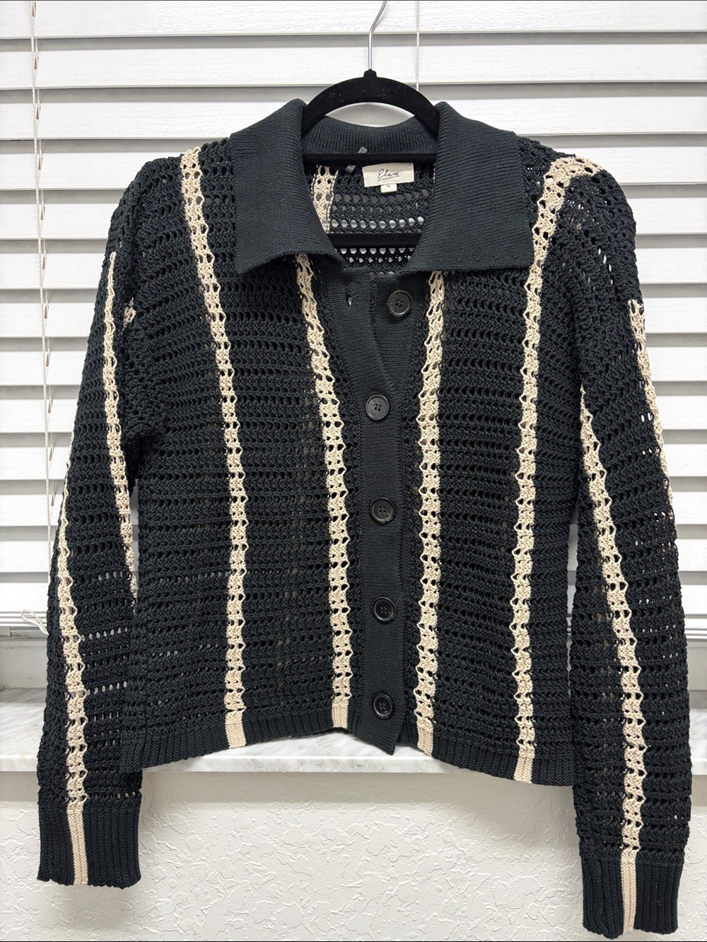 Elan Black and Cream Crochet Stripe Button-Up Cardigan